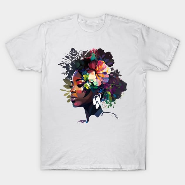 Afro Natural Curly Black women Floral Flowers T-Shirt by KAWAIIBYHM